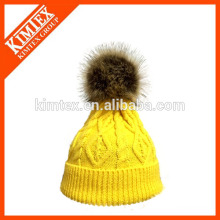 Hot sale knitted custom acrylic beanie hat with fake fur on top